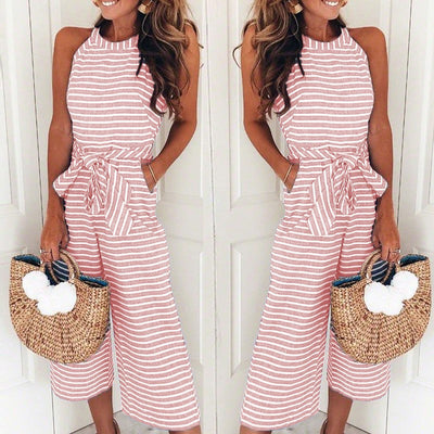 Women's Jumpsuit – Sleeveless Striped Design – Waist Tie – Wide Leg