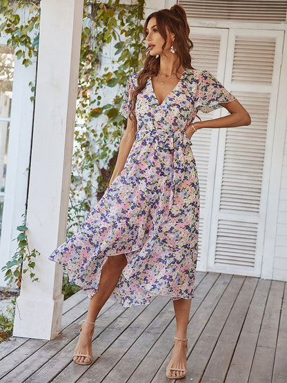 Women's Wrap Midi Dress - V-Neck - Short Flutter Sleeves - Asymmetrical Hem