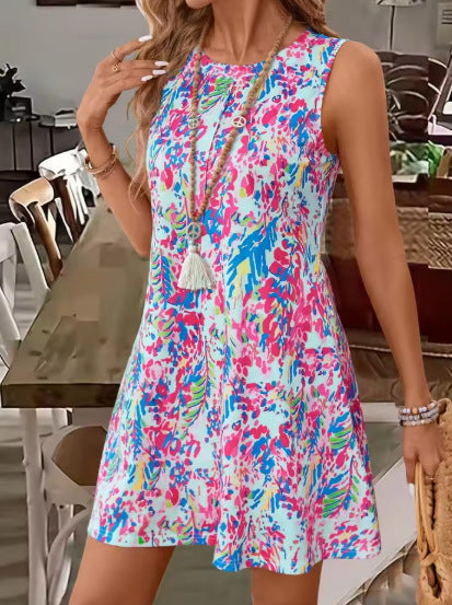 Women’s Mini Dress – Relaxed Fit – Sleeveless – Above Knee – Floral Digital Print – Lightweight