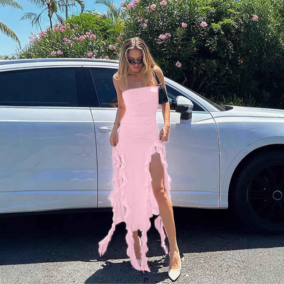 Women’s Strapless Ruffle Maxi Dress – High Slit Party Dress