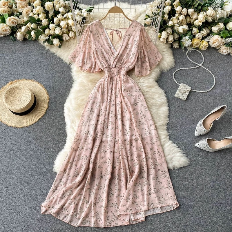 Women's Maxi Dress - V-Neck Shirred Waist - Short Flowing Sleeves - Elegant Fit