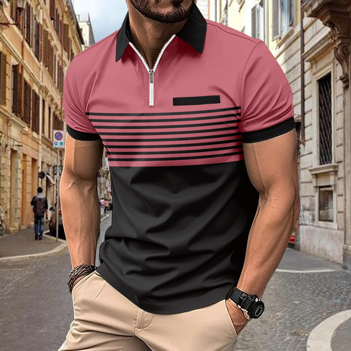 Men’s Polo Shirt - Striped Design - Tailored Fit - Breathable Casual Wear