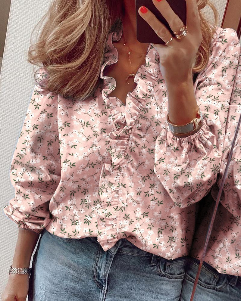 Women's Blouse - Ruffled Neckline - Tailored Fit - Three-Quarter Sleeves - Lightweight Fabric