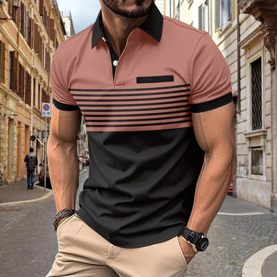 Men's Polo Shirt - Slim Fit - Short Sleeve - Striped Chest Design - Button Placket