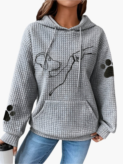 Women’s Hoodie – Waffle Knit – Relaxed Fit – Dog Graphic – Paw Print Sleeves – Kangaroo Pocket