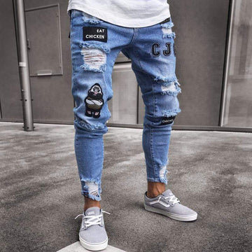 Travis - Heren gewassen geborduurd versleten gerafeld zoom casual skinny denim jeans