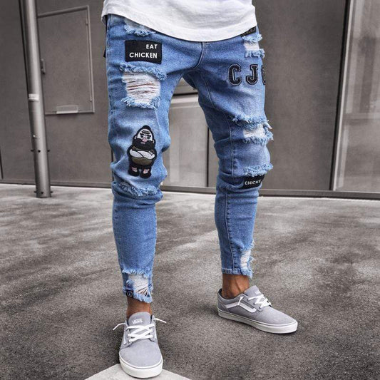 Men’s Skinny Jeans - Distressed Ripped Denim - Embroidered Patches - Ankle Length