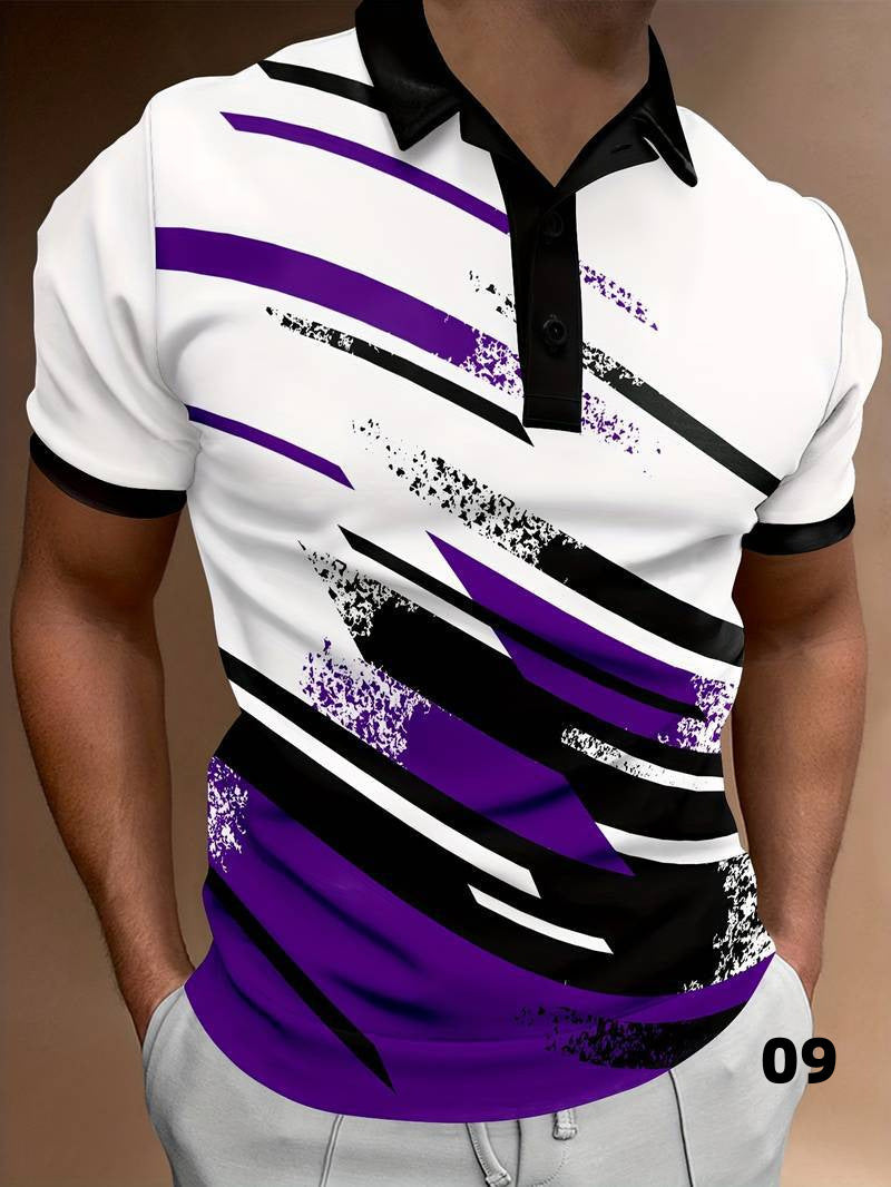 Men’s Polo Shirt - Modern Abstract Print - Short Sleeve - Button Placket - Casual Fit