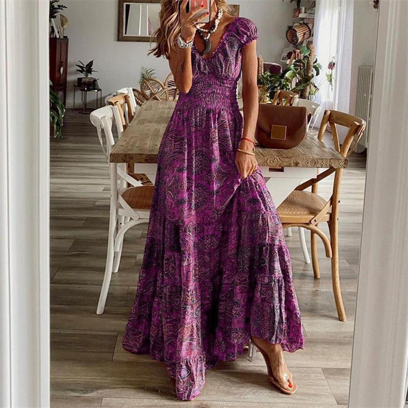 Women's Maxi Dress - V-Neck - Shirred Waist - Casual Fit - Boho Print