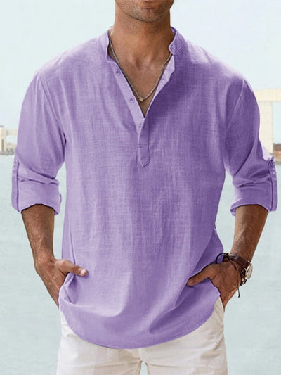 Men’s Henley Shirt - Breathable Cotton Linen - Relaxed Fit - Long Sleeve Band Collar