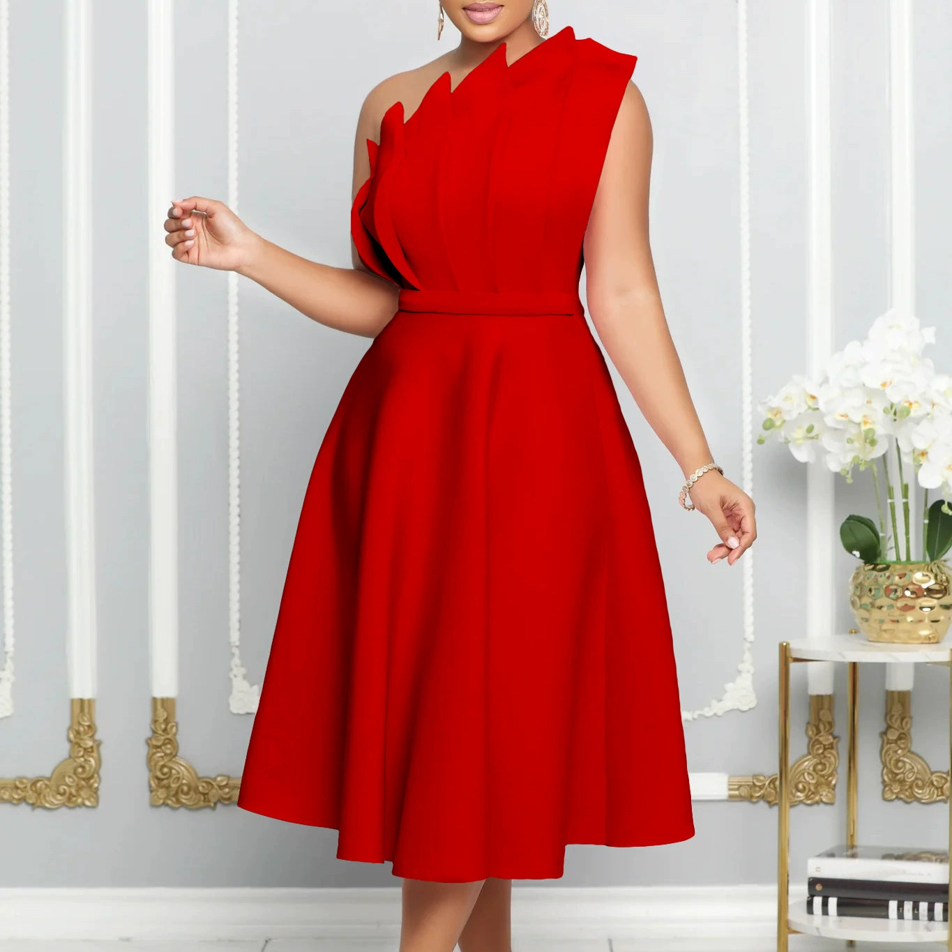 Women's blooming romantic one shoulder flare dress