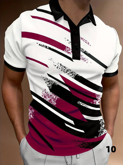 Men’s Polo Shirt - Modern Abstract Print - Short Sleeve - Button Placket - Casual Fit