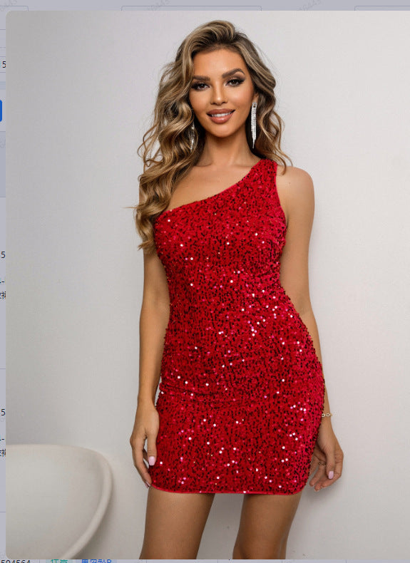 Women's One-Shoulder Bodycon Mini Dress - Sparkly Sequin - Stretch Fit Party Wear