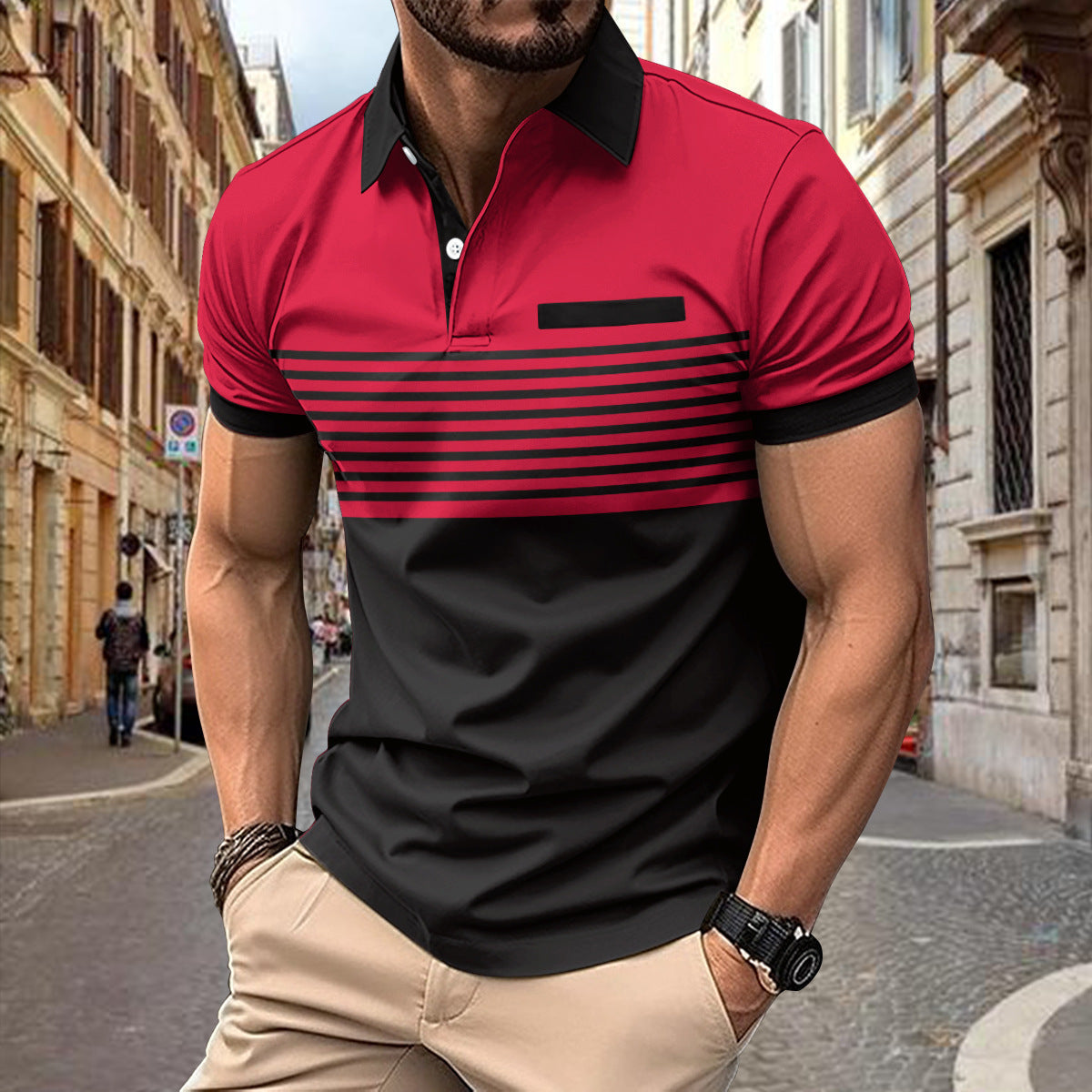 Men's Polo Shirt - Slim Fit - Short Sleeve - Striped Chest Design - Button Placket