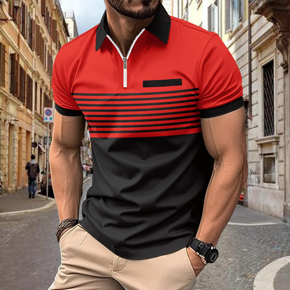 Men’s Polo Shirt - Striped Design - Tailored Fit - Breathable Casual Wear