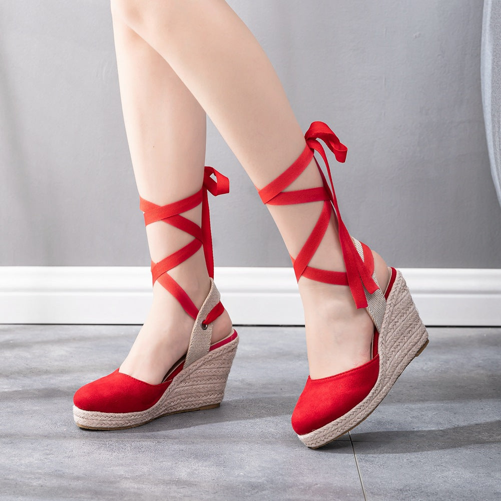 Women’s Espadrille Wedge Sandals - Closed Toe - Crisscross Ankle Strap - Summer Shoes