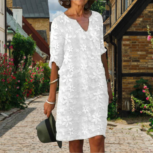 Women’s Knee-Length Dress – Relaxed Fit – V-Neck – Floral Embroidery – Breathable Blend