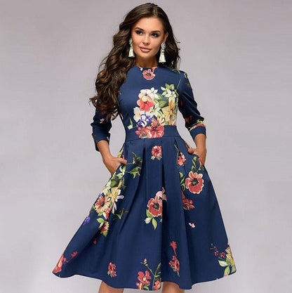 Women's A-Line Dress - Knee-Length - Three-Quarter Sleeves - Floral Print Elegant Style