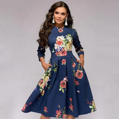 Women's Dress - A-Line Silhouette - Floral Print - Knee Length - Three-Quarter Sleeves