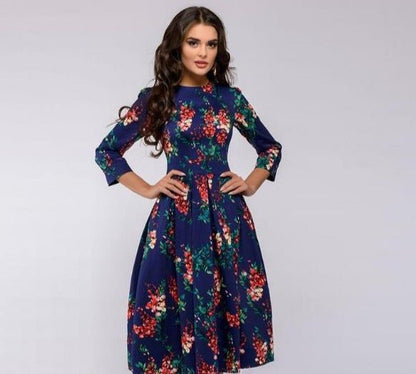 Women's A-Line Dress - Knee-Length - Three-Quarter Sleeves - Floral Print Elegant Style