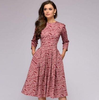 Women's A-Line Dress - Knee-Length - Three-Quarter Sleeves - Floral Print Elegant Style