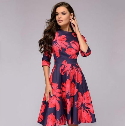 Women's A-Line Dress - Knee-Length - Three-Quarter Sleeves - Floral Print Elegant Style