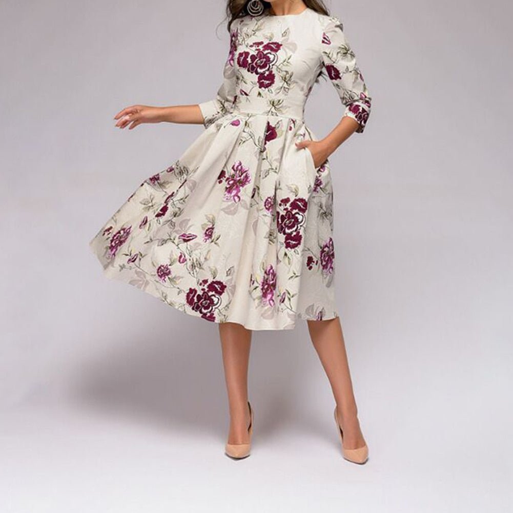 Women's A-Line Dress - Knee-Length - Three-Quarter Sleeves - Floral Print Elegant Style