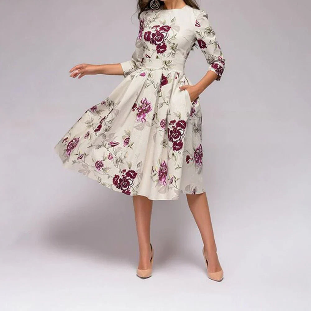 Women's Dress - A-Line Silhouette - Floral Print - Knee Length - Three-Quarter Sleeves