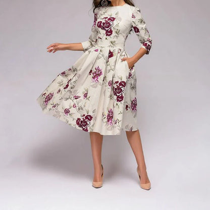 Women's Dress - A-Line Silhouette - Floral Print - Knee Length - Three-Quarter Sleeves