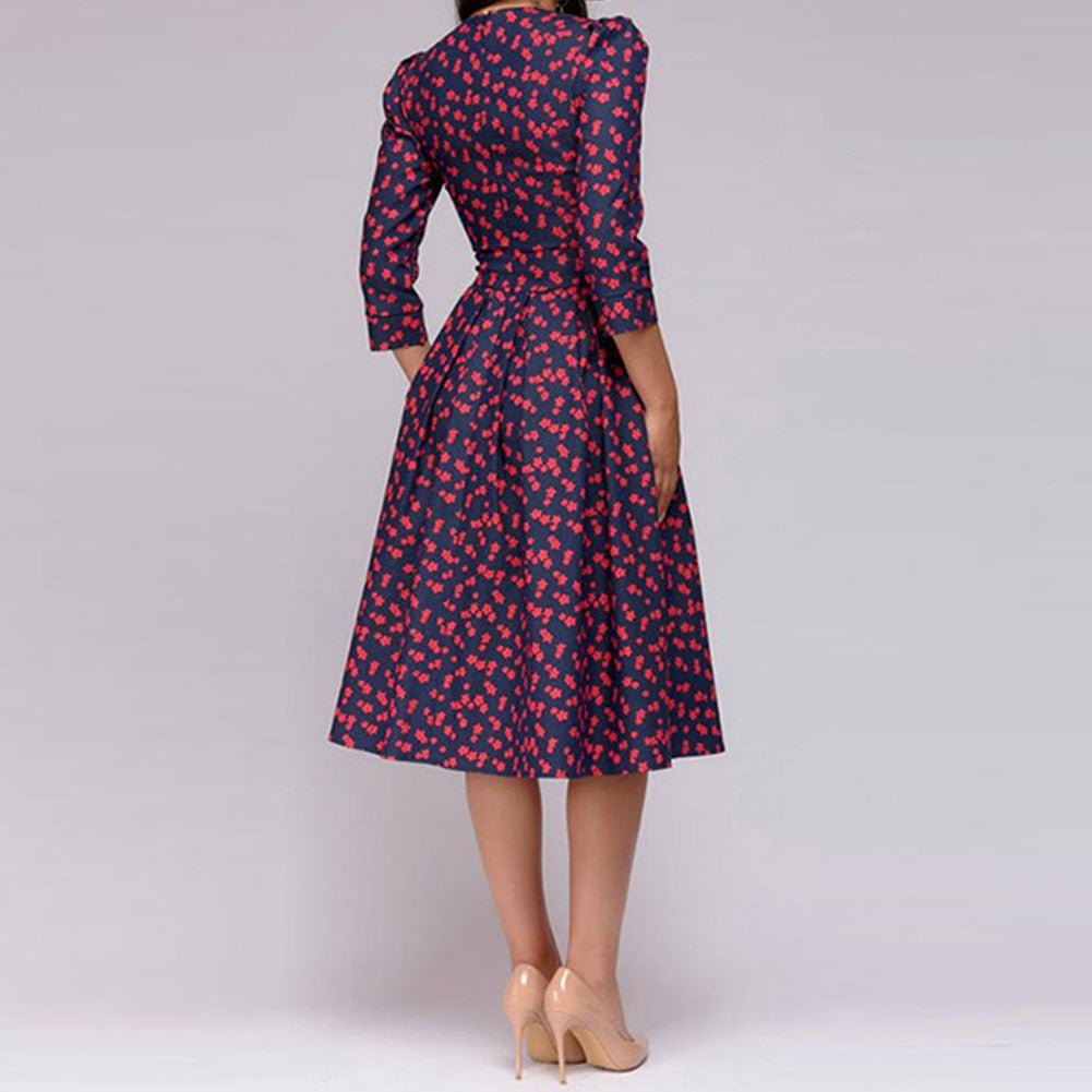 Women's A-Line Dress - Knee-Length - Three-Quarter Sleeves - Floral Print Elegant Style