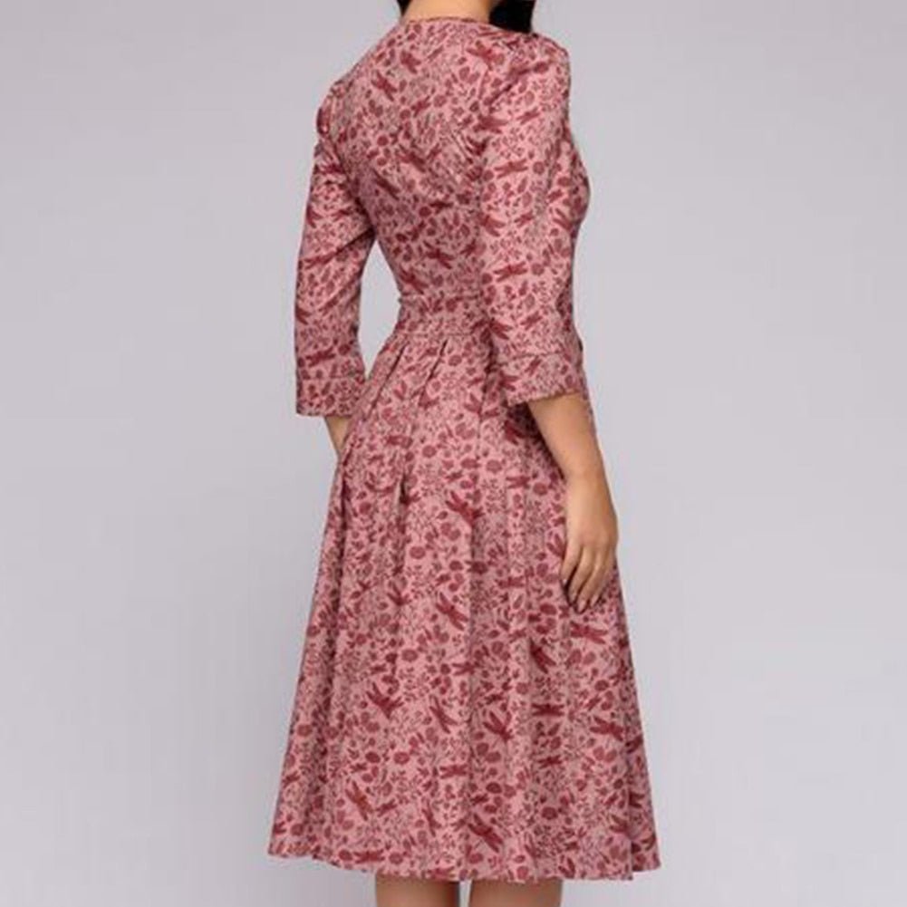 Women's A-Line Dress - Knee-Length - Three-Quarter Sleeves - Floral Print Elegant Style