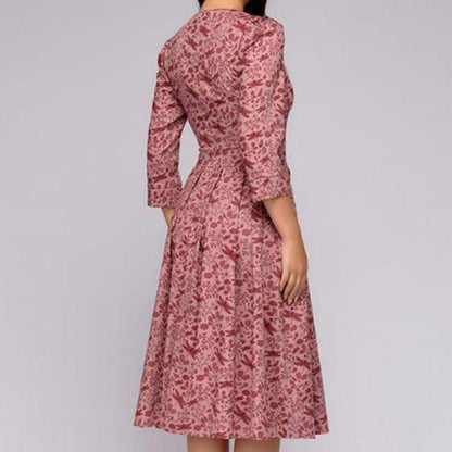 Women's A-Line Dress - Knee-Length - 3/4 Sleeve - Floral Print - Fitted Waist