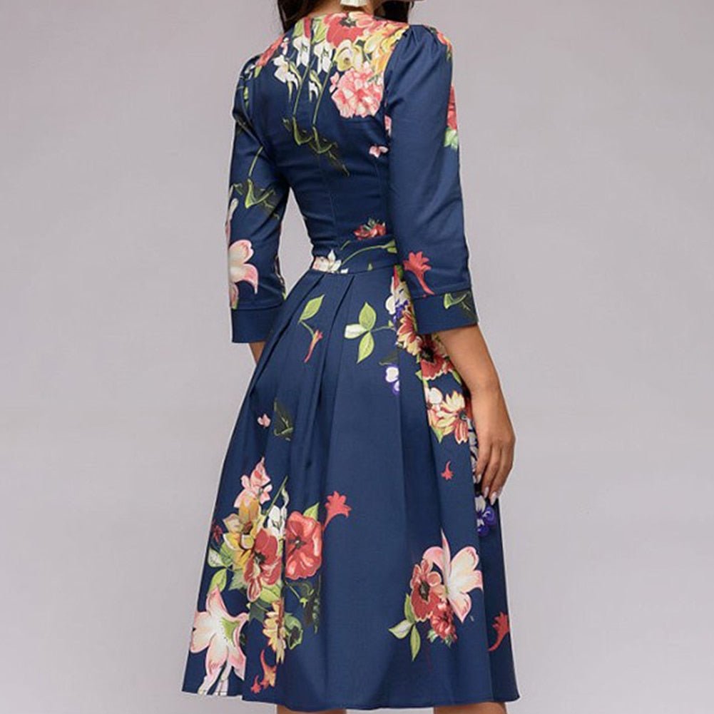 Women's A-Line Dress - Knee-Length - Three-Quarter Sleeves - Floral Print Elegant Style