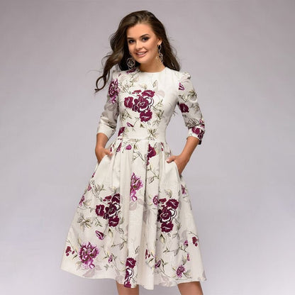 Women's A-Line Dress - Knee-Length - Three-Quarter Sleeves - Floral Print Elegant Style