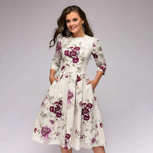 Women's Dress - A-Line Silhouette - Floral Print - Knee Length - Three-Quarter Sleeves