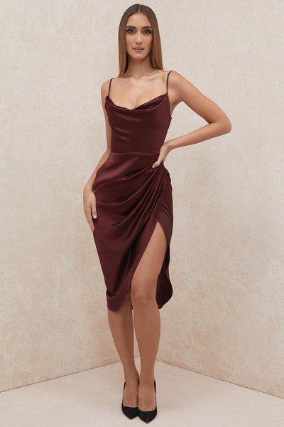Women’s Midi Dress – Cowl Neck – Spaghetti Straps – High Slit – Draped Waist Detail