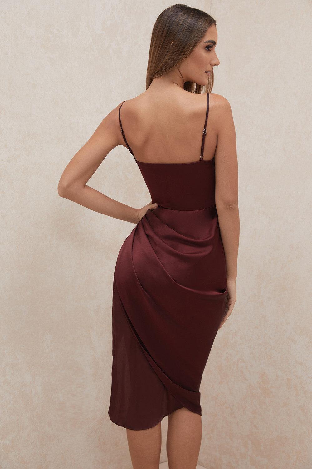 Women’s Midi Dress – Cowl Neck – Spaghetti Straps – High Slit – Draped Waist Detail