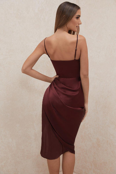 Women’s Midi Dress – Cowl Neck – Spaghetti Straps – High Slit – Draped Waist Detail