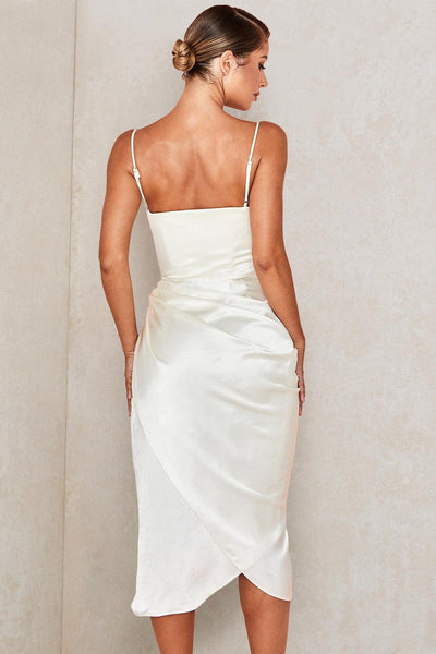 Women’s Midi Dress – Cowl Neck – Spaghetti Straps – High Slit – Draped Waist Detail