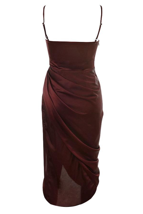 Women’s Midi Dress – Cowl Neck – Spaghetti Straps – High Slit – Draped Waist Detail