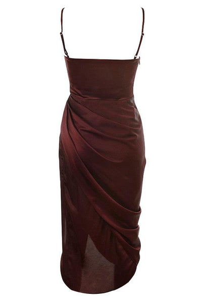 Women’s Midi Dress – Cowl Neck – Spaghetti Straps – High Slit – Draped Waist Detail