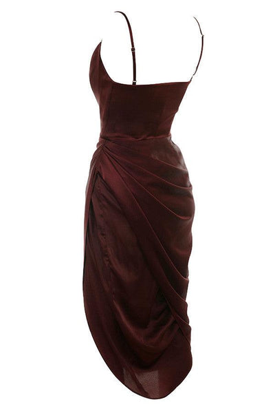 Women’s Midi Dress – Cowl Neck – Spaghetti Straps – High Slit – Draped Waist Detail
