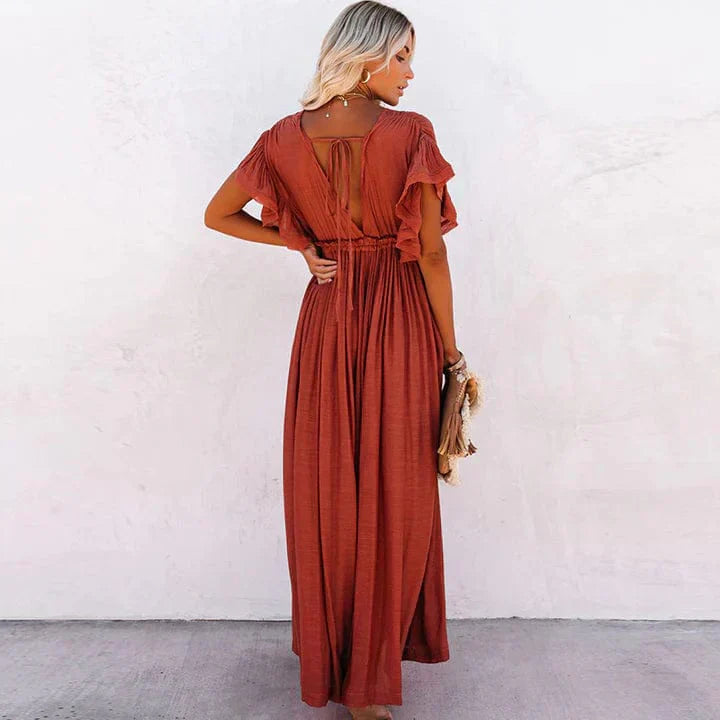 Women's Maxi Dress - Bohemian Style - Deep V-Neck - Short Ruffle Sleeves - Button Front