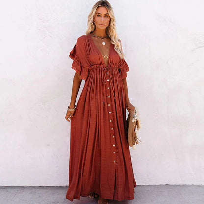 Women's Maxi Dress - Bohemian Style - Deep V-Neck - Short Ruffle Sleeves - Button Front