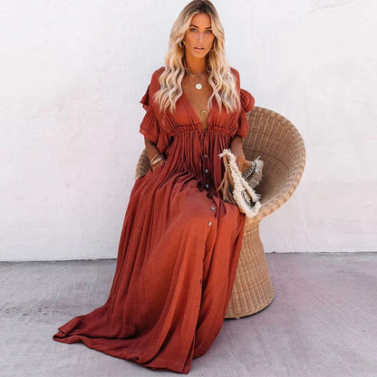 Women's Maxi Dress - Bohemian Style - Deep V-Neck - Short Ruffle Sleeves - Button Front