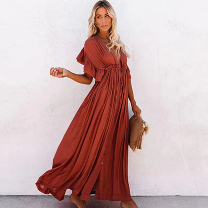 Women's Maxi Dress - Bohemian Style - Deep V-Neck - Short Ruffle Sleeves - Button Front