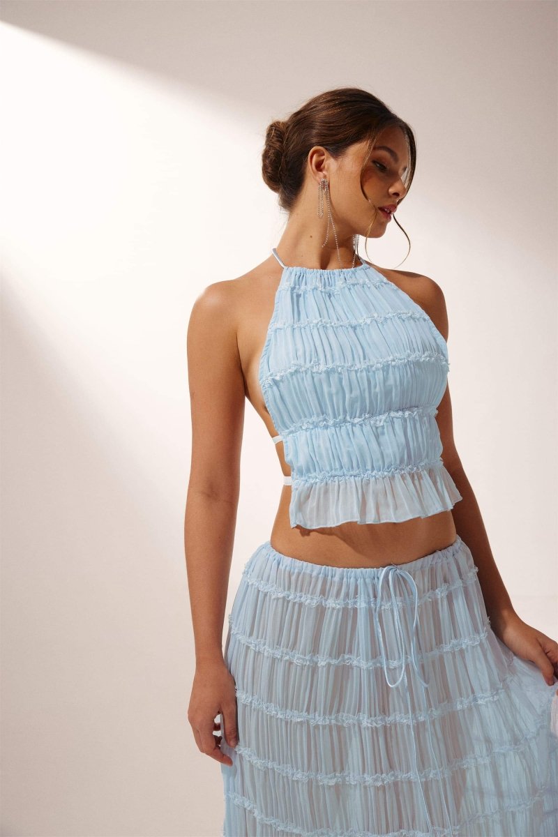 Women’s Co-ord Set – Halter Crop Top & Flared Maxi Skirt – Pleated Lightweight Fit