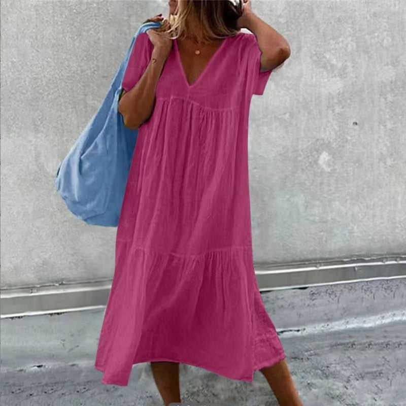 Women's Midi Dress - V-Neck - Short Sleeve - Loose Tiered Lightweight Casual Wear