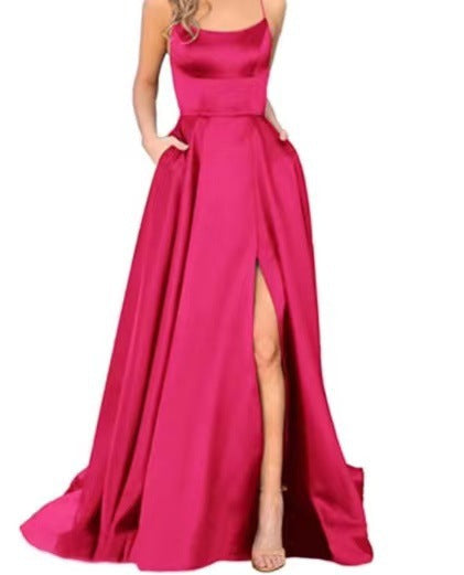 Women’s Maxi Dress – Slim Fit Bodice – Flowing Skirt – Spaghetti Straps – Side Slit