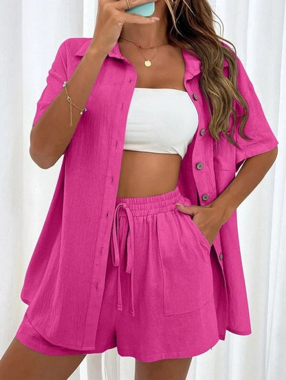 Women's Casual Two-Piece Set: Breathable Short Sleeve Blouse & Drawstring Shorts Outfit